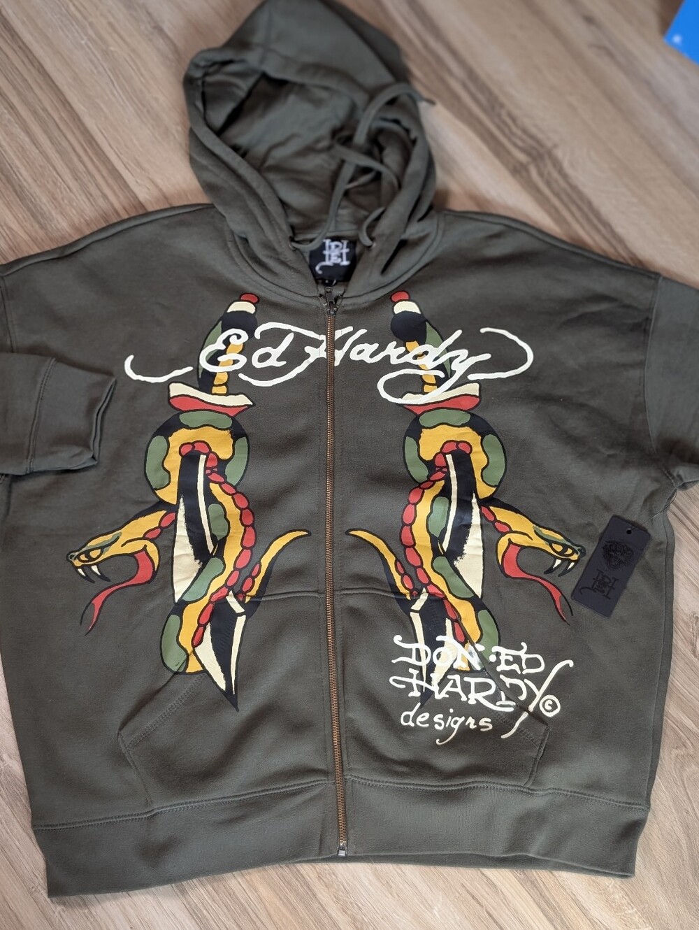 Ed Hardy Men's Size L Boxy Fit Full Zip Green Hoodie "Winner Take All" NWT.
